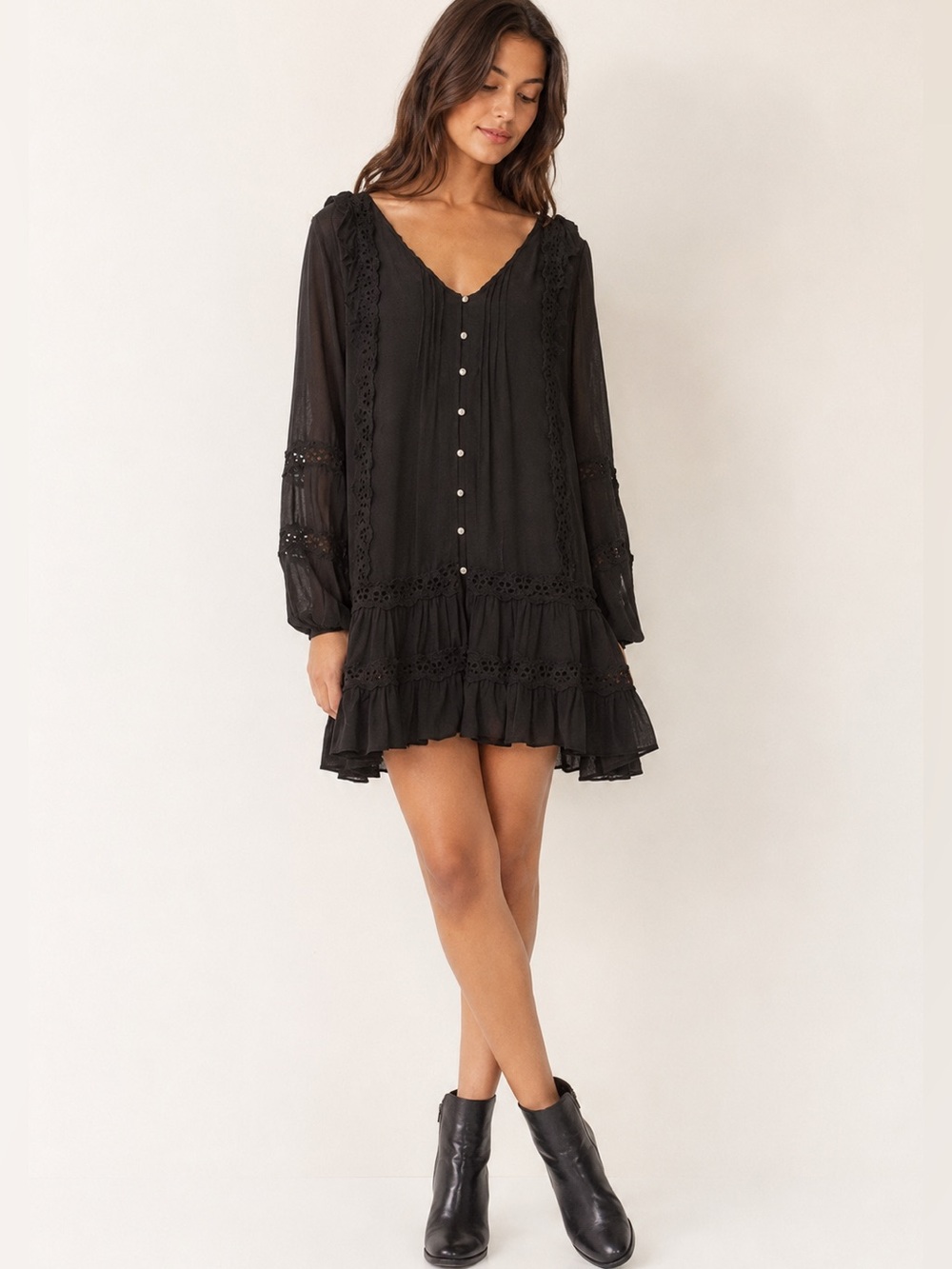 Free People Black Lace Trim Boho Mini Dress Long Sleeve Small